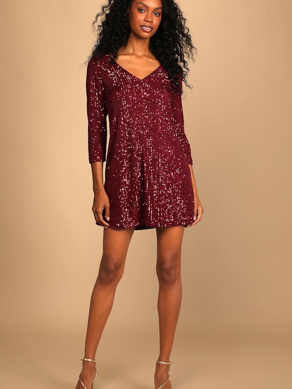 Lulu's Burgundy Sequin V-Neck Mini Dress